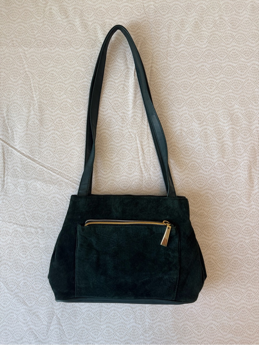 Black Suede Shoulder Bag with Gold Zip Accent